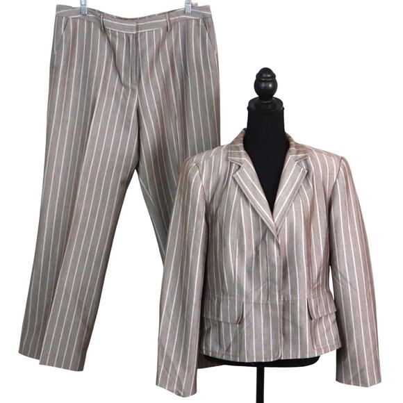 Vintage Y2K Taupe PIN STRIPED Pant Suit SET Women 14 Wide Leg Boot COTTON Work - Picture 1 of 8